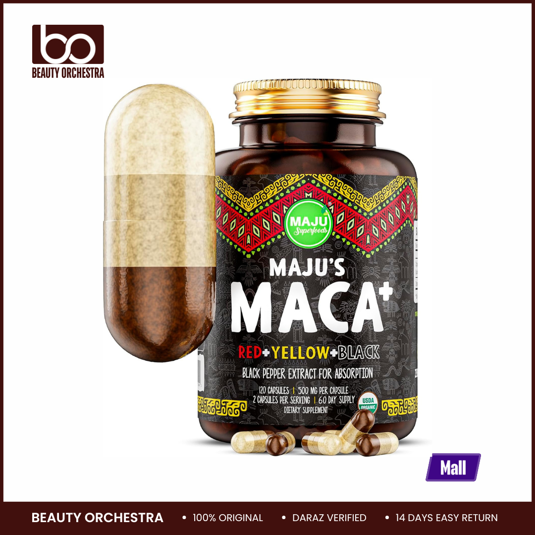 Picture of Maju Superfoods Maca Root Organic Black Yellow & Red Roots w Black Pepper Extract for Absorption Peru Product Peruvian Powder Men & Women Supplement - 120 capsules