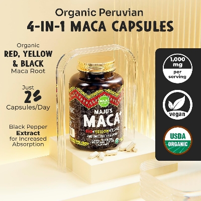 Picture of Maju Superfoods Maca Root Organic Black Yellow & Red Roots w Black Pepper Extract for Absorption Peru Product Peruvian Powder Men & Women Supplement - 120 capsules