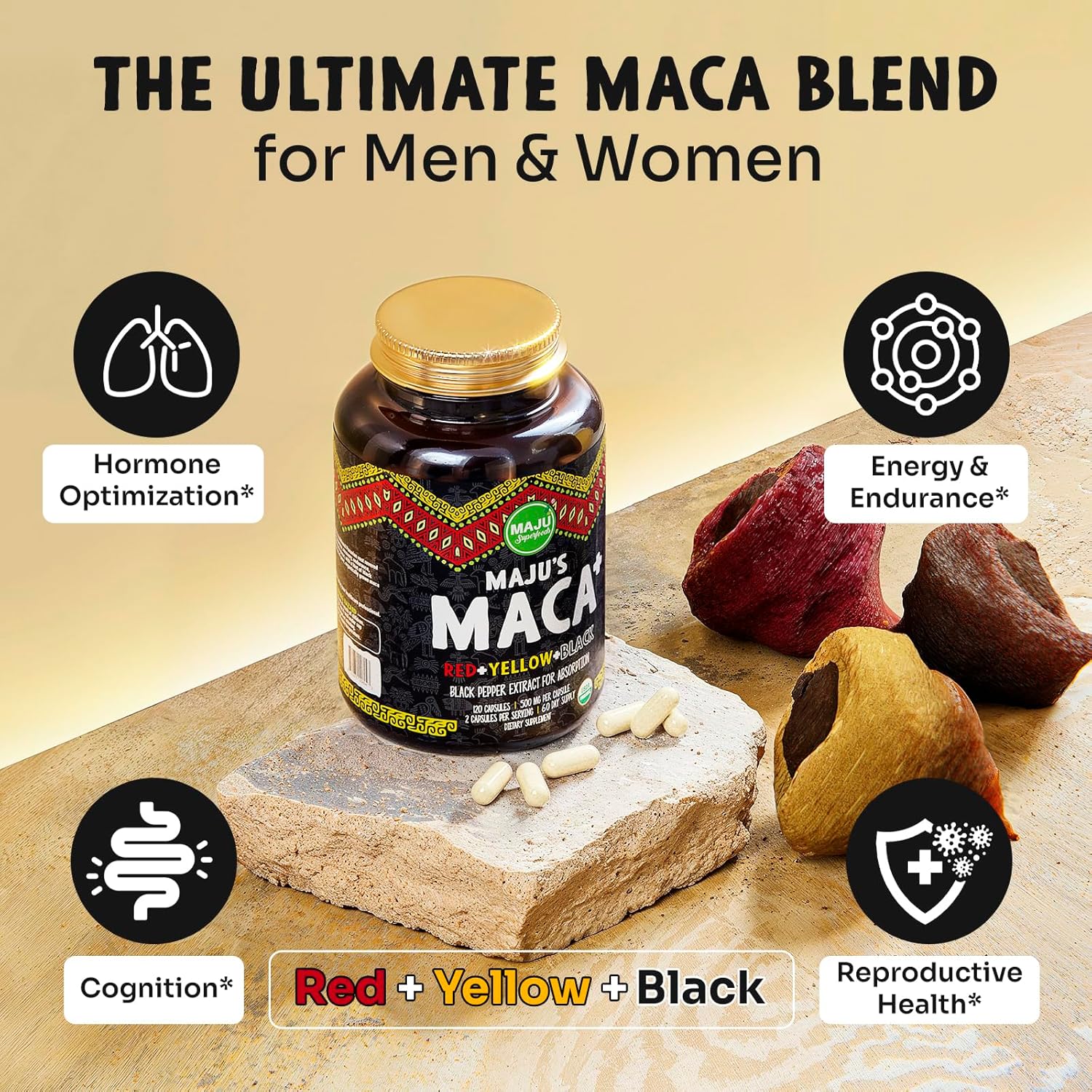 Picture of Maju Superfoods Maca Root Organic Black Yellow & Red Roots w Black Pepper Extract for Absorption Peru Product Peruvian Powder Men & Women Supplement - 120 capsules