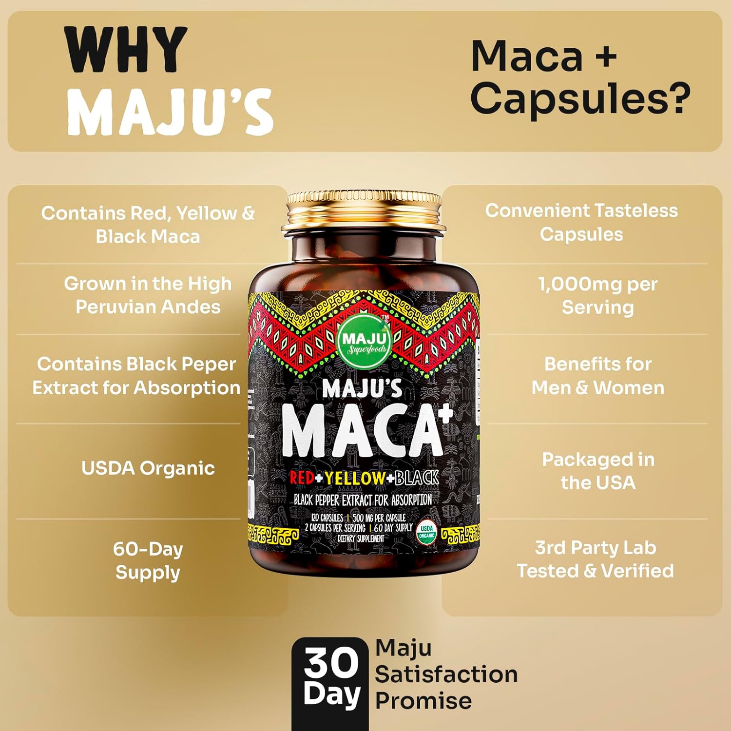 Picture of Maju Superfoods Maca Root Organic Black Yellow & Red Roots w Black Pepper Extract for Absorption Peru Product Peruvian Powder Men & Women Supplement - 120 capsules
