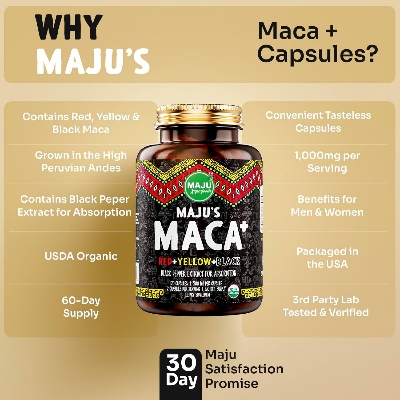 Picture of Maju Superfoods Maca Root Organic Black Yellow & Red Roots w Black Pepper Extract for Absorption Peru Product Peruvian Powder Men & Women Supplement - 120 capsules