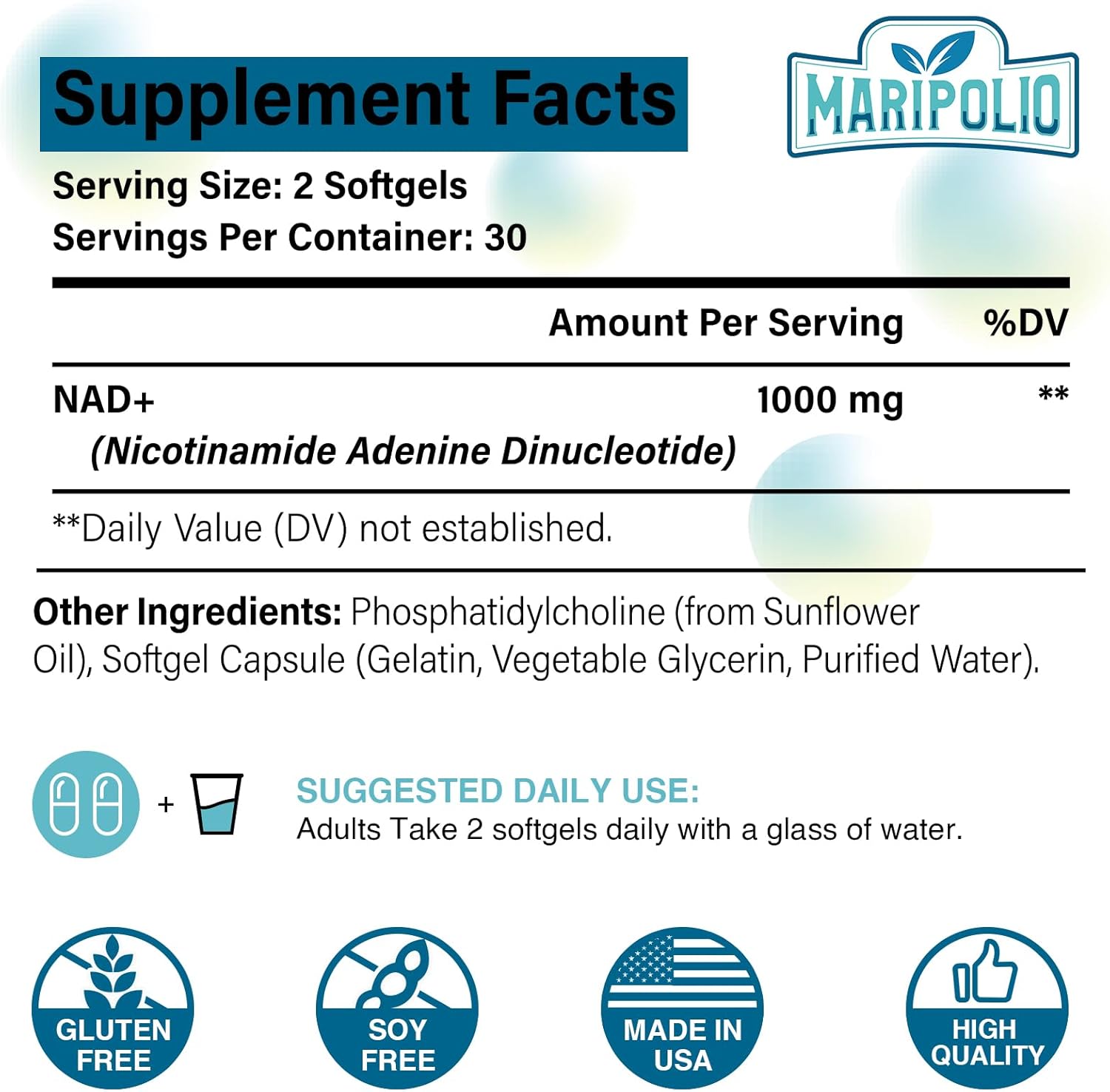 Picture of Maripolio Liposomal NAD+ Supplement 1000 mg for Anti-Aging and Cell Regeneration Brain Function 60 Softgels (USA)