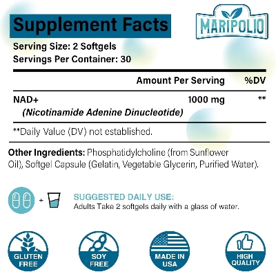 Picture of Maripolio Liposomal NAD+ Supplement 1000 mg for Anti-Aging and Cell Regeneration Brain Function 60 Softgels (USA)