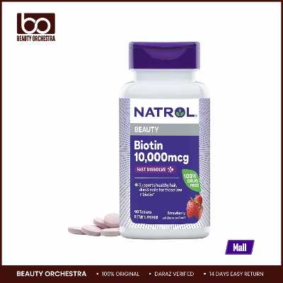 Picture of Natrol Biotin 10000mcg Faster Dissolve Supplement for Healthy Hair Skin and Nails for Those Low in Biotin Plus Energy Metabolism Support 60 Tablets