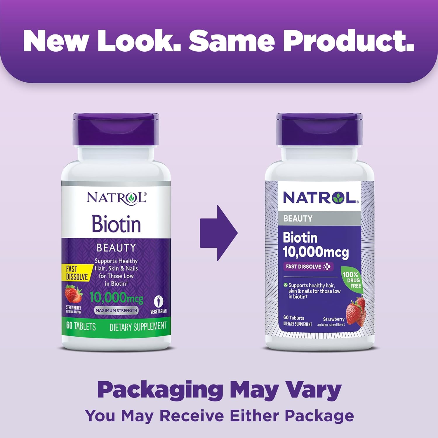 Picture of Natrol Biotin 10000mcg Faster Dissolve Supplement for Healthy Hair Skin and Nails for Those Low in Biotin Plus Energy Metabolism Support 60 Tablets