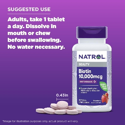 Picture of Natrol Biotin 10000mcg Faster Dissolve Supplement for Healthy Hair Skin and Nails for Those Low in Biotin Plus Energy Metabolism Support 60 Tablets
