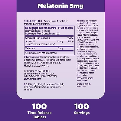 Picture of Natrol Melatonin 5mg - 100 Tablets (Time release, 5mg tablets, USA)
