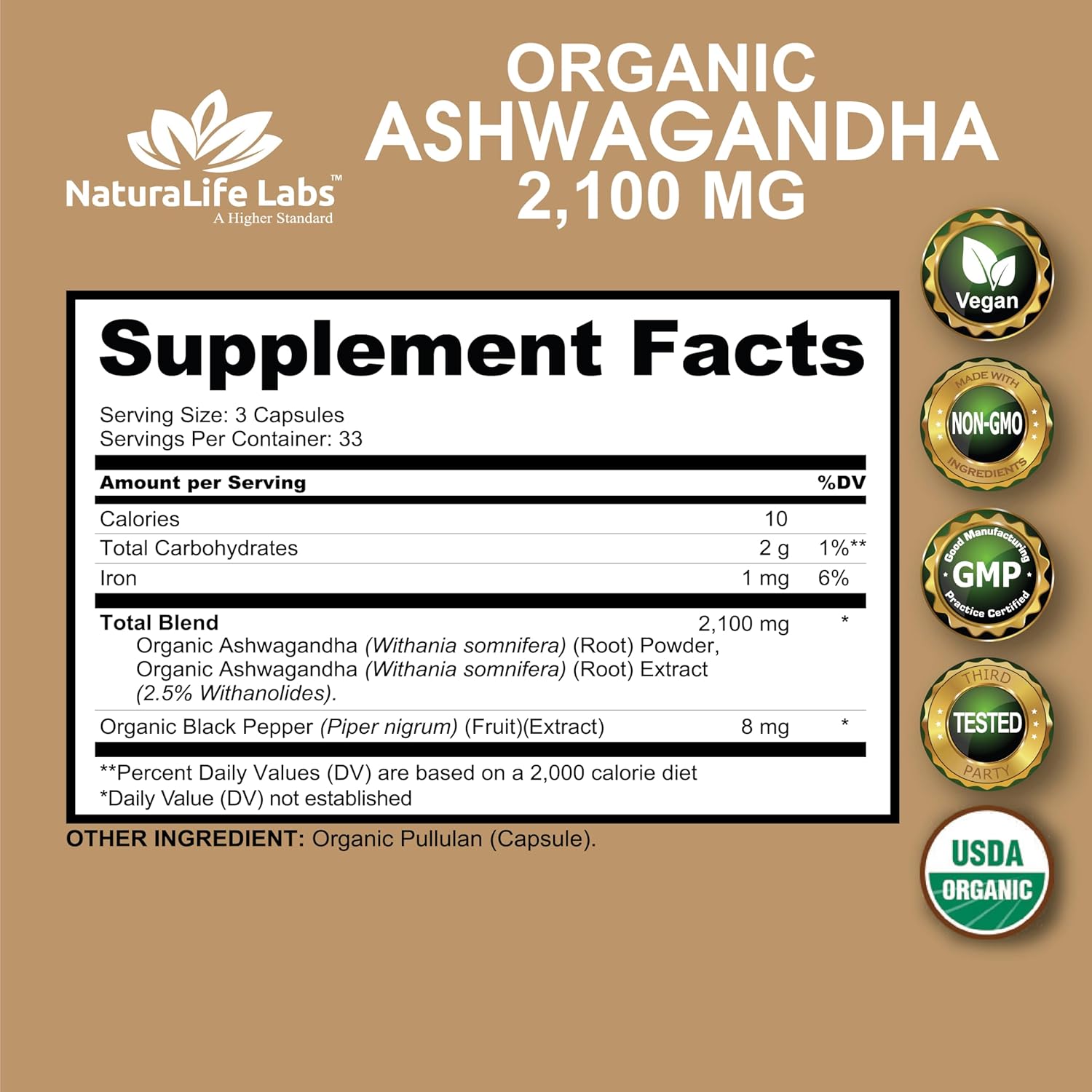 Picture of NaturaLife Labs Organic Ashwagandha 2,100 mg - 100 Veggie Capsules Pure Organic Ashwagandha Powder
