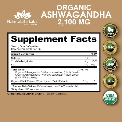 Picture of NaturaLife Labs Organic Ashwagandha 2,100 mg - 100 Veggie Capsules Pure Organic Ashwagandha Powder