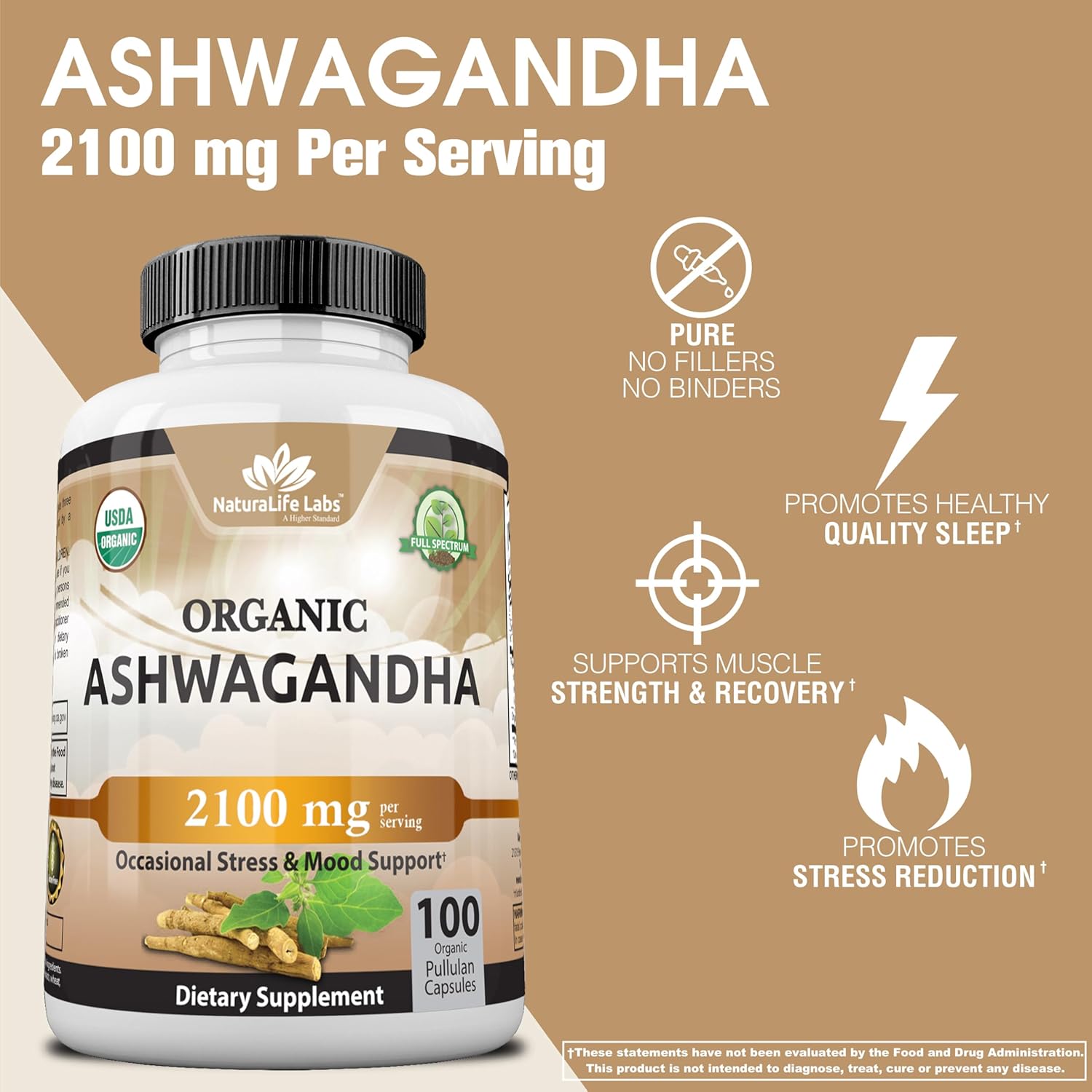 Picture of NaturaLife Labs Organic Ashwagandha 2,100 mg - 100 Veggie Capsules Pure Organic Ashwagandha Powder
