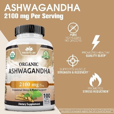 Picture of NaturaLife Labs Organic Ashwagandha 2,100 mg - 100 Veggie Capsules Pure Organic Ashwagandha Powder