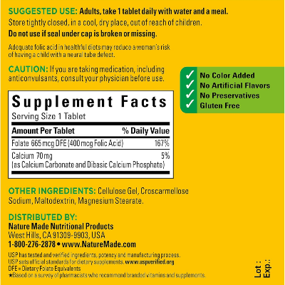 Picture of Nature Made Folic Acid 400 mcg (665 mcg DFE) - 250 Tablets