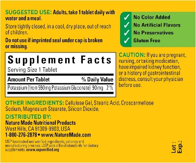 Picture of Nature Made Potassium Gluconate 550 mg Dietary Supplement for Heart Health Support 100 Tablets