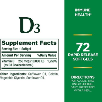 Picture of Nature’s Bounty Vitamin D3 250mcg 10000 IU - 72 Softgels