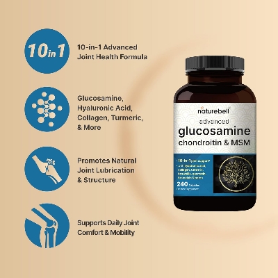Picture of Naturebell Advanced Glucosamine Chondroitin MSM Supplement, 240 Capsules | 10-in-1 Joint Support Complex – with Hyaluronic Acid, Collagen, Turmeric, Boswellia, & More – Non-GMO
