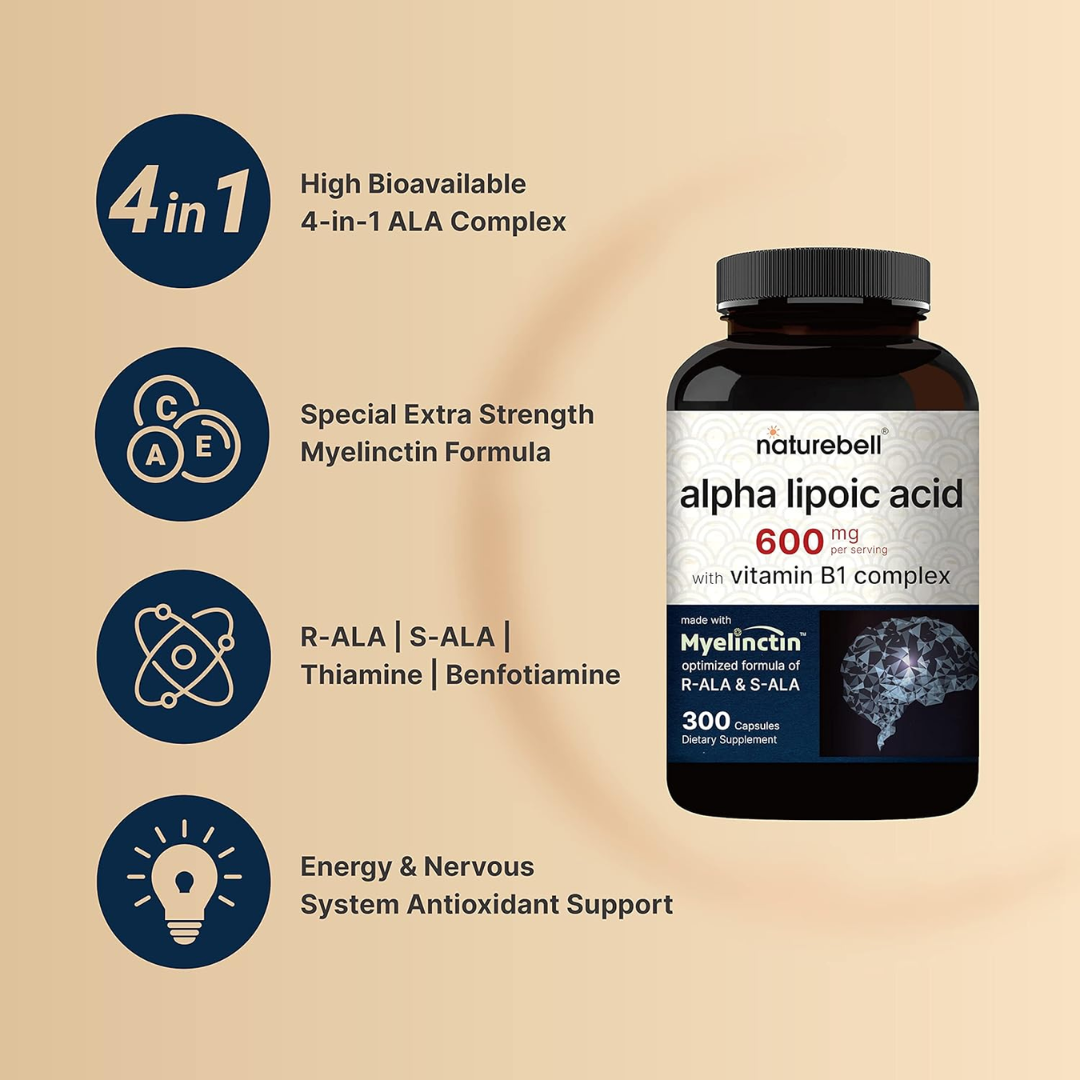 Picture of NatureBell Alpha Lipoic Acid 600 mg With Vitamin B1 Complex - 300 Capsules