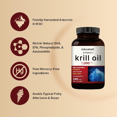 Picture of NatureBell Antarctic Krill Oil 1000mg Supplement 240 Softgels Natural Source of Omega-3 EPA DHA and Astaxanthin - No Aftertaste Support Heart Health Mercury Free & Non-GMO