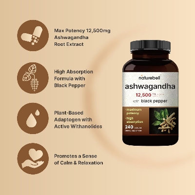 Picture of NatureBell Ashwagandha 12,500 mg Equivalent with Black Pepper, 240 Capsules | High Absorption Complex – Extra Strength 25:1 Root Extract – Adaptogens Supplements for Relaxation – Non-GMO