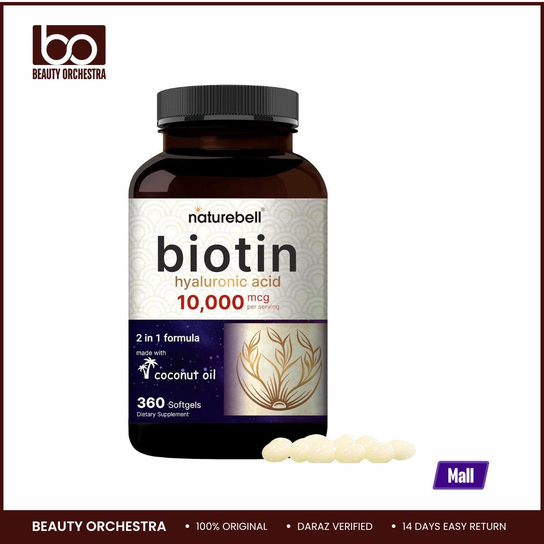 Picture of Naturebell Biotin 10000mcg + Hyaluronic Acid 25mg Coconut Oil Premium Biotin Vitamins for Hair Skin and Nails, Highly Purified and Bioavailable 360 Softgels