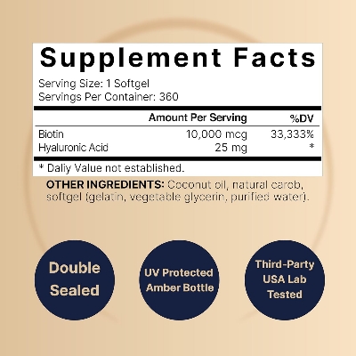 Picture of Naturebell Biotin 10000mcg + Hyaluronic Acid 25mg Coconut Oil Premium Biotin Vitamins for Hair Skin and Nails, Highly Purified and Bioavailable 360 Softgels