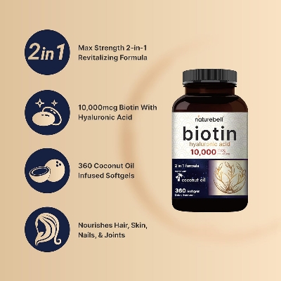 Picture of Naturebell Biotin 10000mcg + Hyaluronic Acid 25mg Coconut Oil Premium Biotin Vitamins for Hair Skin and Nails, Highly Purified and Bioavailable 360 Softgels