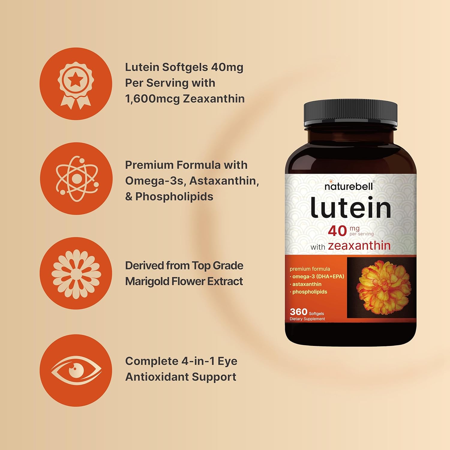 Picture of Naturebell Lutein 40mg + Zeaxanthin 1,600mcg, 360 Softgels 4-in-1 Formula with Astaxanthin, Omega-3 & Phospholipids | Marigold Flower Extract Supports Eye, Brain & Vision Health