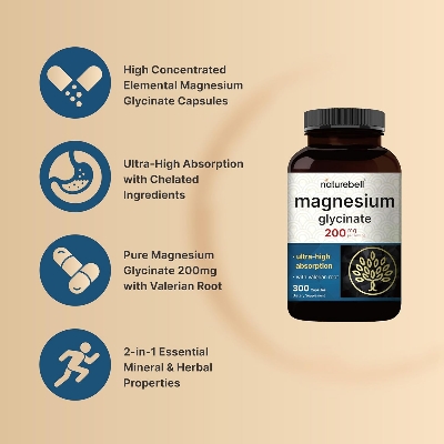 Picture of Naturebell Magnesium Glycinate 200mg for Sleep, with Valerian Root 300 Capsules