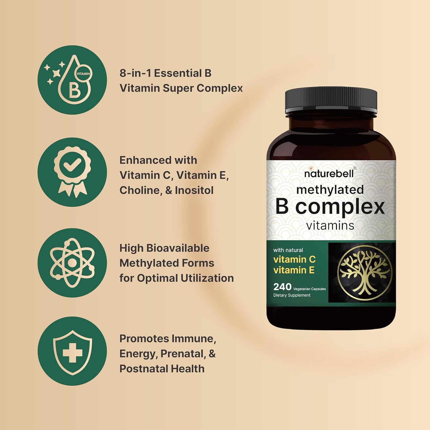 Picture of Naturebell Methylated B Complex Vitamins 240 Veggie Capsules