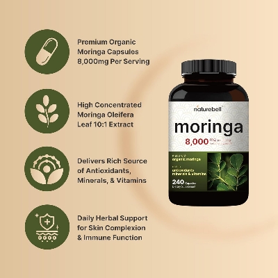 Picture of NatureBell Moringa Capsules 8000mg Per Serving, 240 Capsules | 4 Month Supply, Made with Moringa Powder Organic | Green Superfood, Skin Health & Immune Support | Non-GMO, Gluten Free