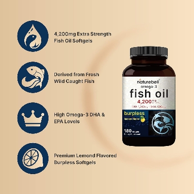 Picture of NatureBell Omega 3 Fish Oil 4,200mg Highly Purified EPA 1,200mg & DHA 900mg Lemon Flavored 180 Softgels