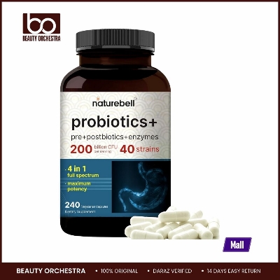 Picture of NatureBell Probiotics 200 Billion CFU Per Serving | 240 Veggie Capsules with Synbiotic Blend of Digestive Enzymes, Prebiotics, & Postbiotics – 40 Strains – Full-Spectrum Gut Health & Bloating Support