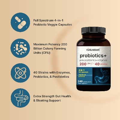 Picture of NatureBell Probiotics 200 Billion CFU Per Serving | 240 Veggie Capsules with Synbiotic Blend of Digestive Enzymes, Prebiotics, & Postbiotics – 40 Strains – Full-Spectrum Gut Health & Bloating Support