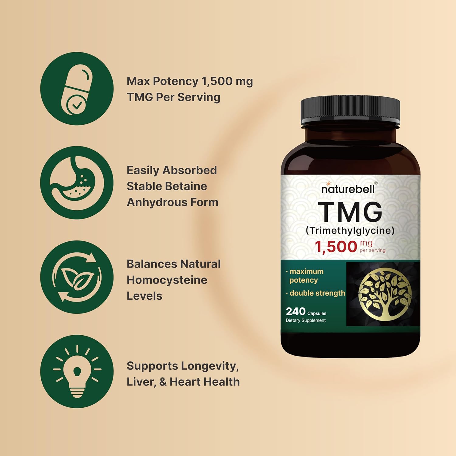 Picture of NatureBell TMG Supplements 1,500mg 240 Capsules | Max Strength Betaine Anhydrous Trimethyl glycine – Supports Healthy Homocysteine Balance Heart & Liver Health – Non-GMO, Gluten Free