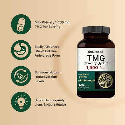 Picture of NatureBell TMG Supplements 1,500mg 240 Capsules | Max Strength Betaine Anhydrous Trimethyl glycine – Supports Healthy Homocysteine Balance Heart & Liver Health – Non-GMO, Gluten Free