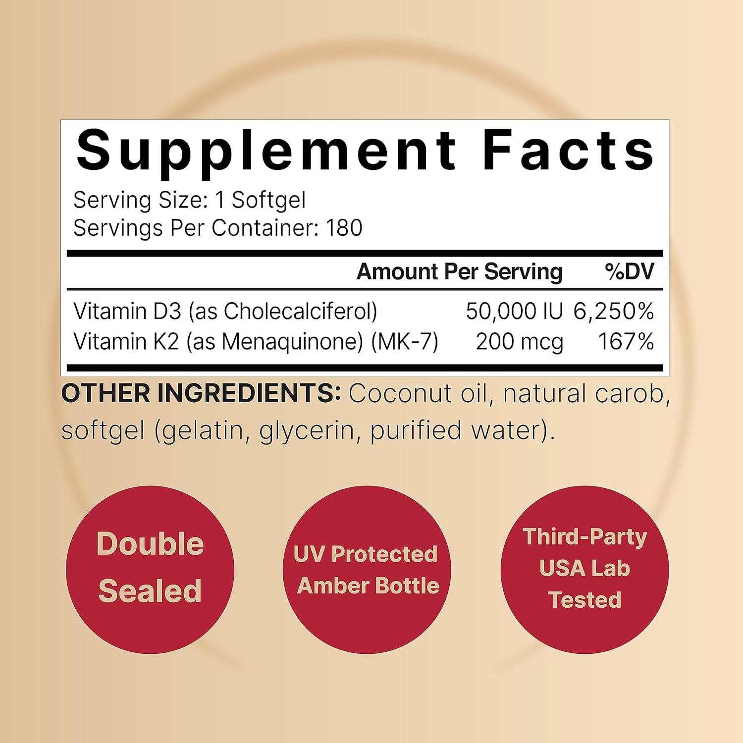 Picture of NatureBell Vitamin D3 50,000 IU + K2 200 mcg 180 Softgels