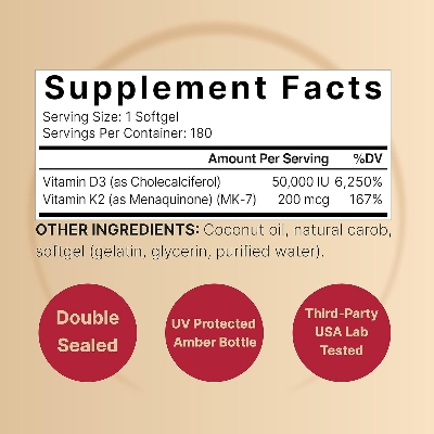 Picture of NatureBell Vitamin D3 50,000 IU + K2 200 mcg 180 Softgels