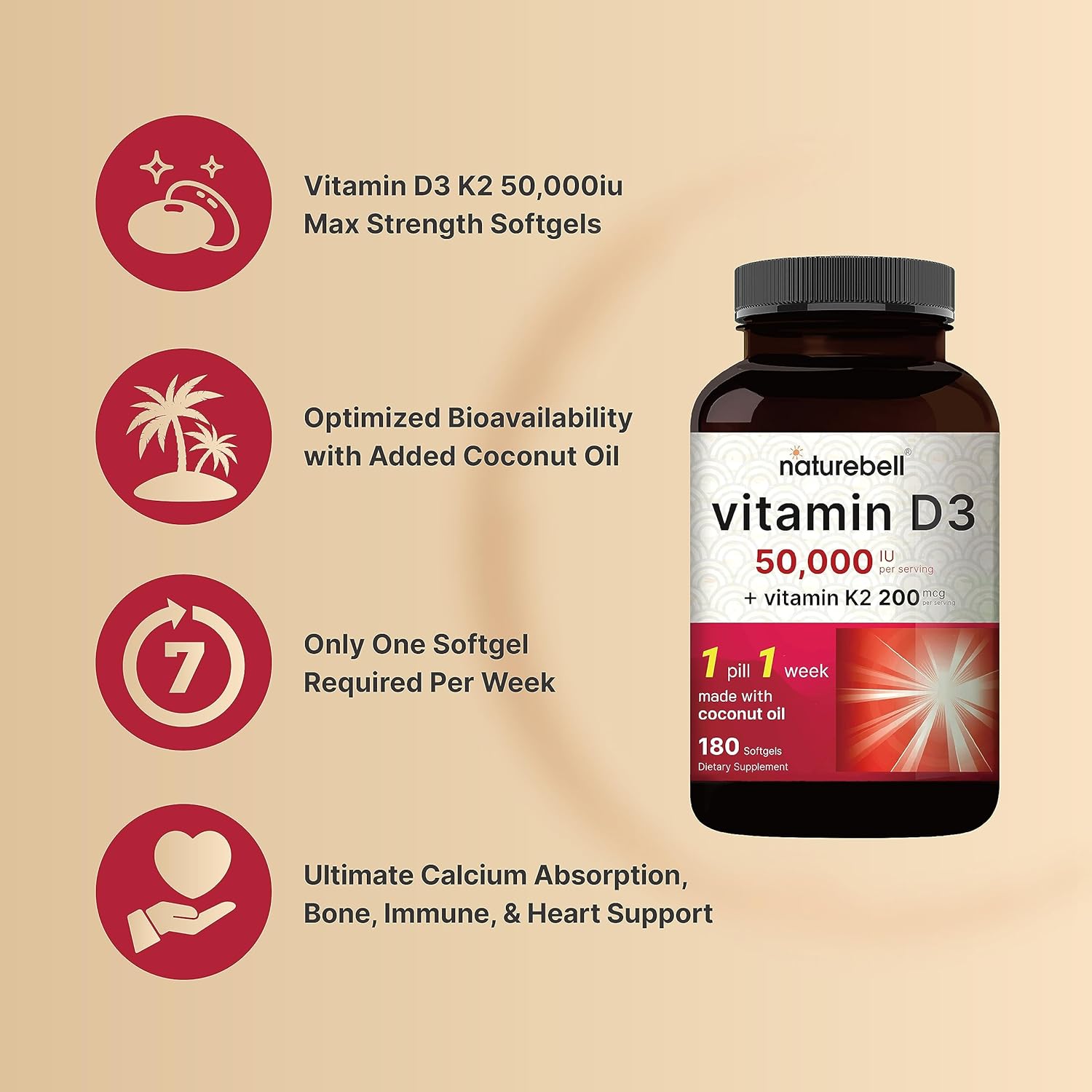 Picture of NatureBell Vitamin D3 50,000 IU + K2 200 mcg 180 Softgels