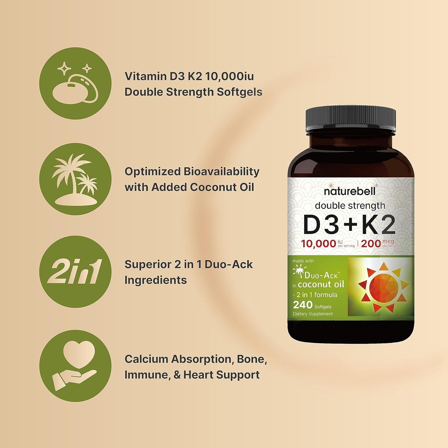 Picture of NatureBell Vitamin D3 K2 (10,000 IU Vitamin D + 200mcg Vitamin K MK-7) 240 Softgels with Coconut Oil for Complete Absorption | Bone, Heart, Immune, & Calcium Support | One a Day, Non-GMO