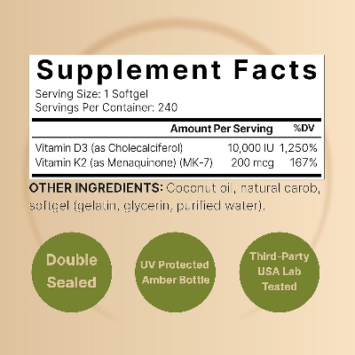 Picture of NatureBell Vitamin D3 K2 (10,000 IU Vitamin D + 200mcg Vitamin K MK-7) 240 Softgels with Coconut Oil for Complete Absorption | Bone, Heart, Immune, & Calcium Support | One a Day, Non-GMO