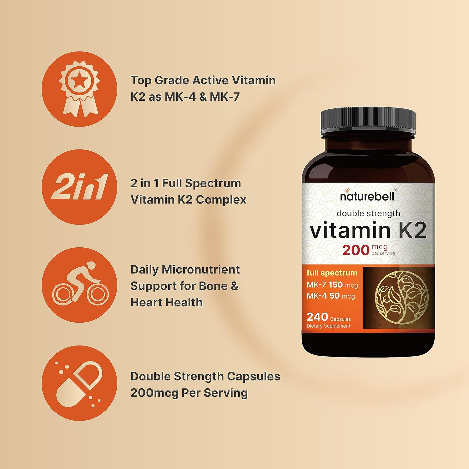 Picture of NatureBell Vitamin K2 Supplement with  Full Spectrum MK-7 & MK-4 200 mcg 240 Capsules
