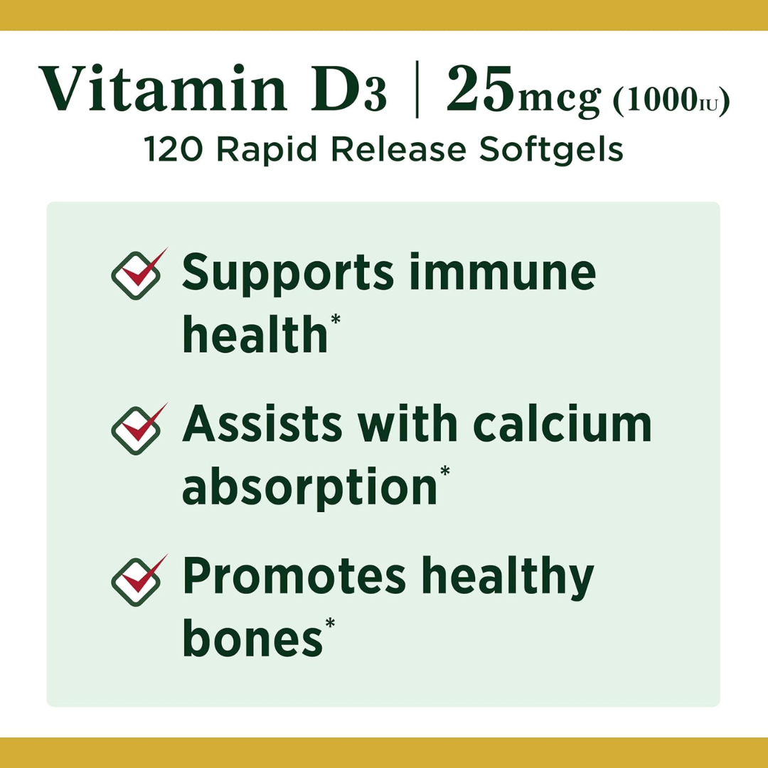 Picture of Nature's Bounty Vitamin D3 1000 IU 25 mcg - 120 Rapid Release Softgels