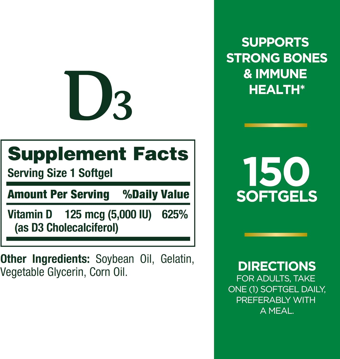 Picture of Nature's Bounty Vitamin D3 5000iu Immune and Bone Support Rapid Release 150 Softgels