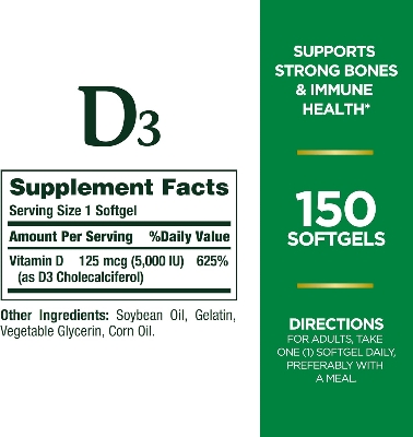 Picture of Nature's Bounty Vitamin D3 5000iu Immune and Bone Support Rapid Release 150 Softgels