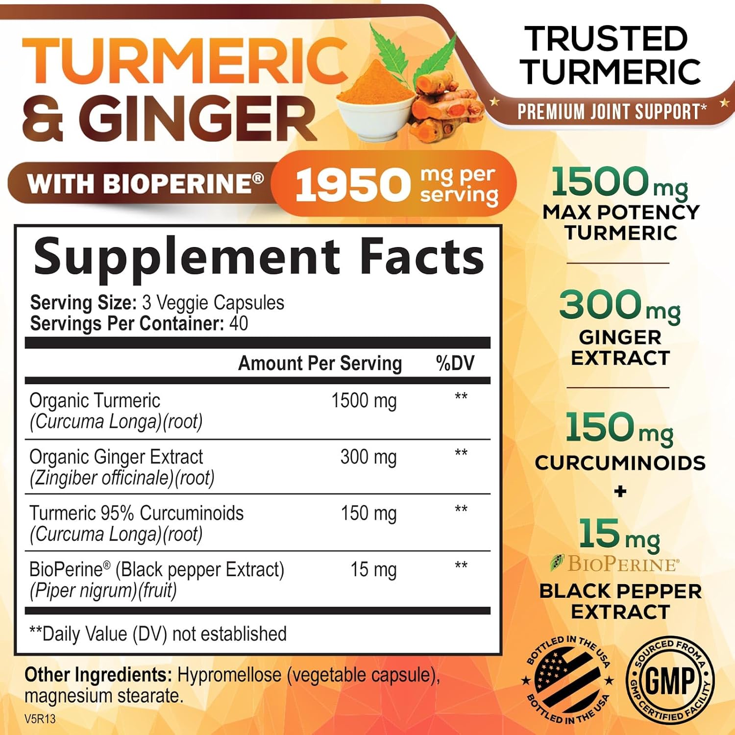 Picture of Nature's Nutrition Turmeric Curcumin Supplement 1950mg with Organic Turmeric & Ginger 95% Curcuminoids BioPerine Black Pepper - 120 Capsules