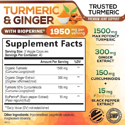 Picture of Nature's Nutrition Turmeric Curcumin Supplement 1950mg with Organic Turmeric & Ginger 95% Curcuminoids BioPerine Black Pepper - 120 Capsules