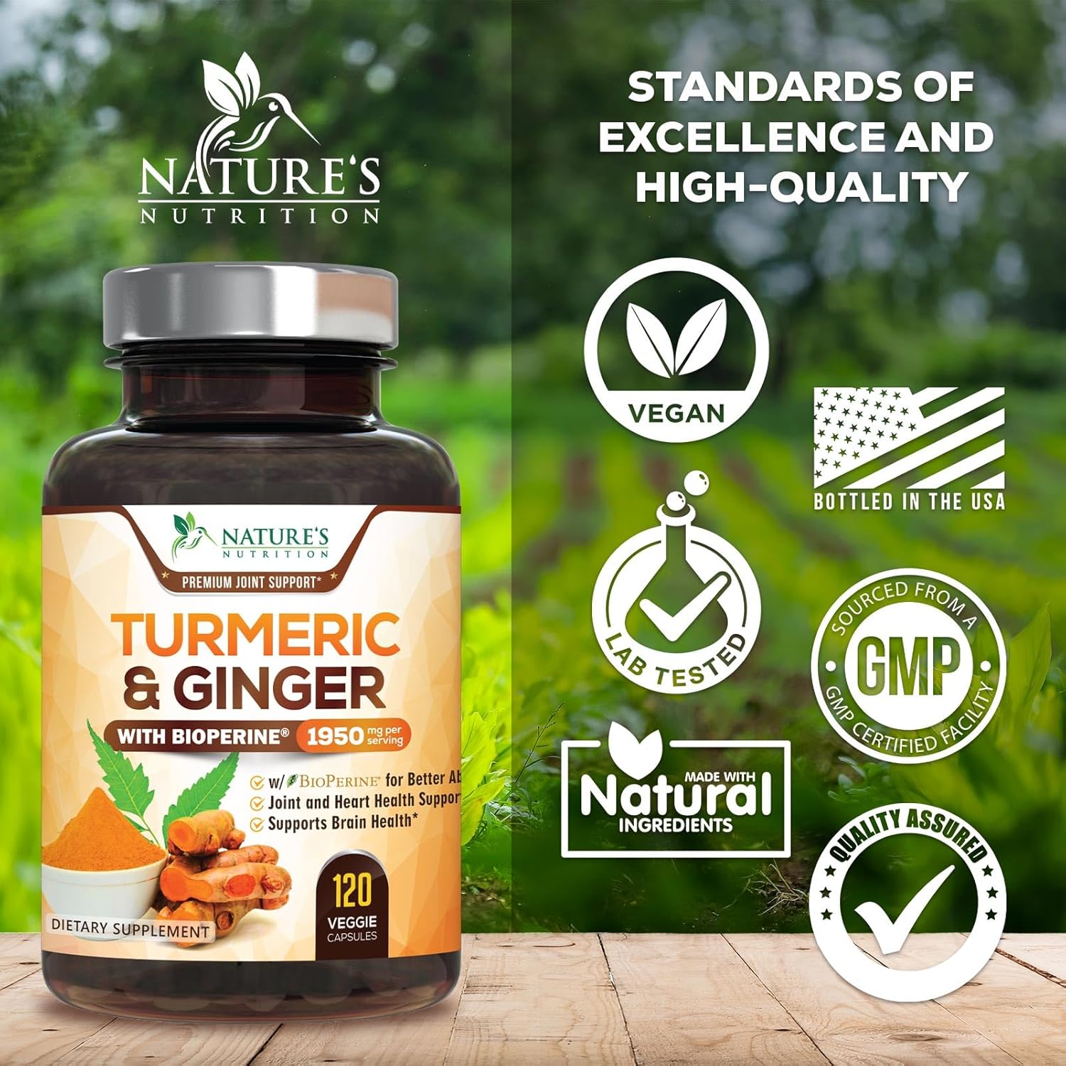 Picture of Nature's Nutrition Turmeric Curcumin Supplement 1950mg with Organic Turmeric & Ginger 95% Curcuminoids BioPerine Black Pepper - 120 Capsules