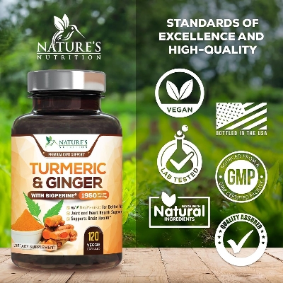 Picture of Nature's Nutrition Turmeric Curcumin Supplement 1950mg with Organic Turmeric & Ginger 95% Curcuminoids BioPerine Black Pepper - 120 Capsules