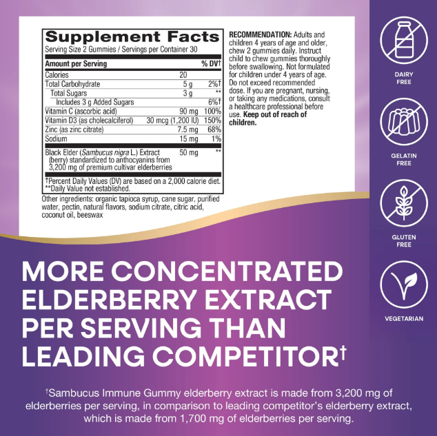 Picture of Nature's Way Sambucus Elderberry Immune Gummies with Vitamins C D3 & Zinc Unisex 60 Gummies