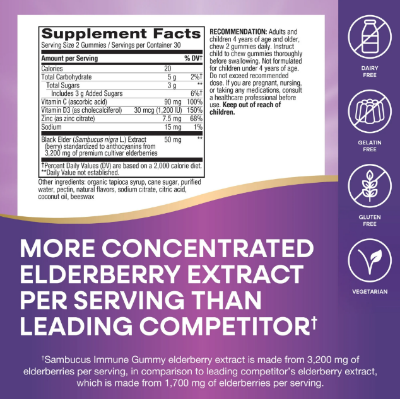 Picture of Nature's Way Sambucus Elderberry Immune Gummies with Vitamins C D3 & Zinc Unisex 60 Gummies