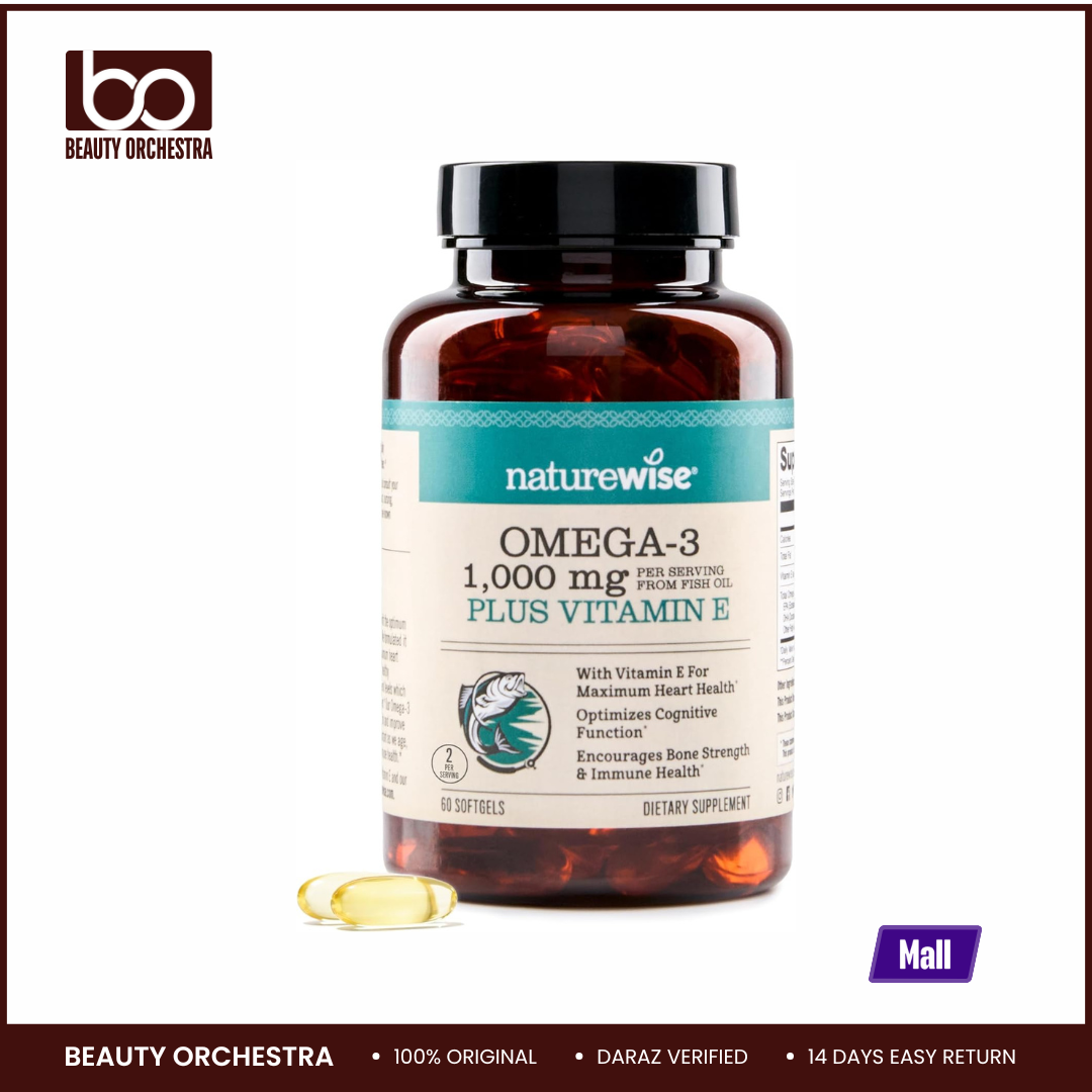 Picture of NatureWise Extra-Strength Omega 3 Fish Oil Supplement - 1000mg per Serving - 600 EPA & 400 DHA and Vitamin E - Support for Heart & Brain Health - Lemon Flavor - 60 Softgels